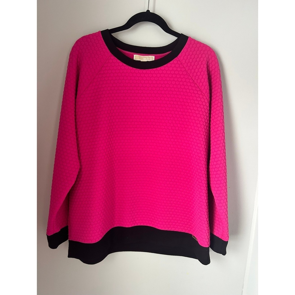 Michael Kors Pink Quilted Textured Sweatshirt Crew Neck Black Trim XL